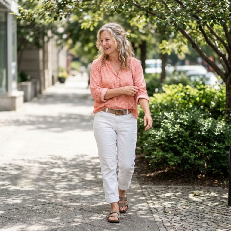 Smiling mature woman in peach top and white jeans walking on a city sidewalk.
