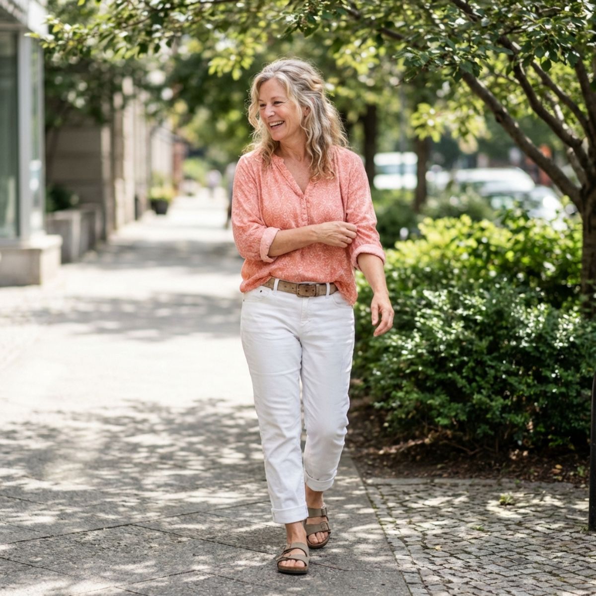 Smiling mature woman in peach top and white jeans walking on a city sidewalk.