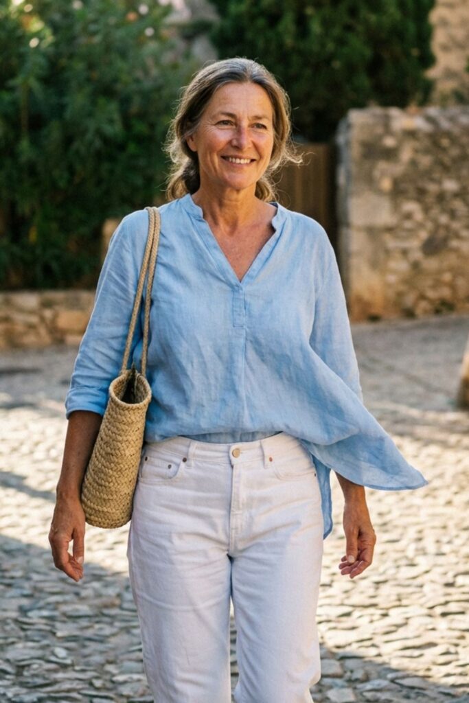 Woman over 50 in light blue blouse and white jeans walking on cobblestone street