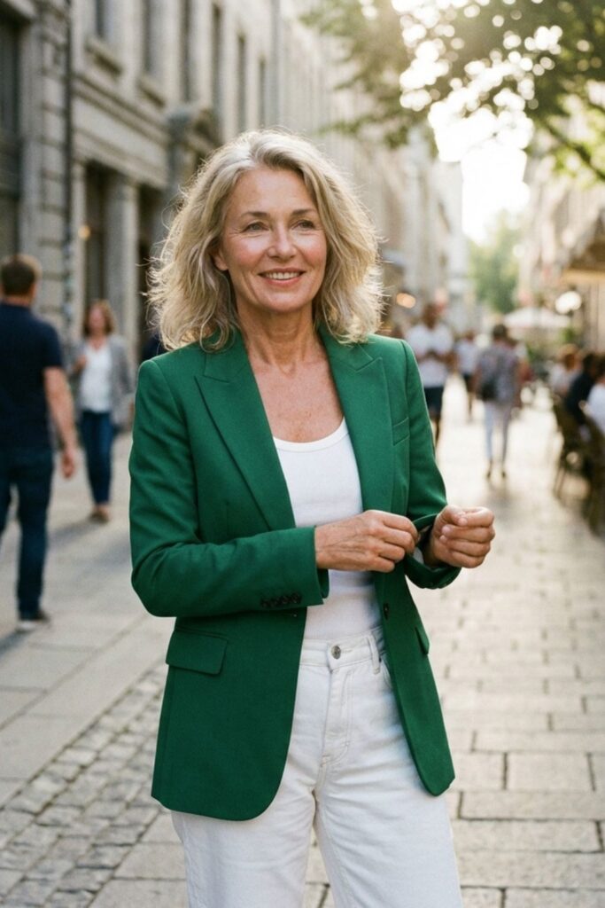 Confident mature woman in green blazer walking in urban street