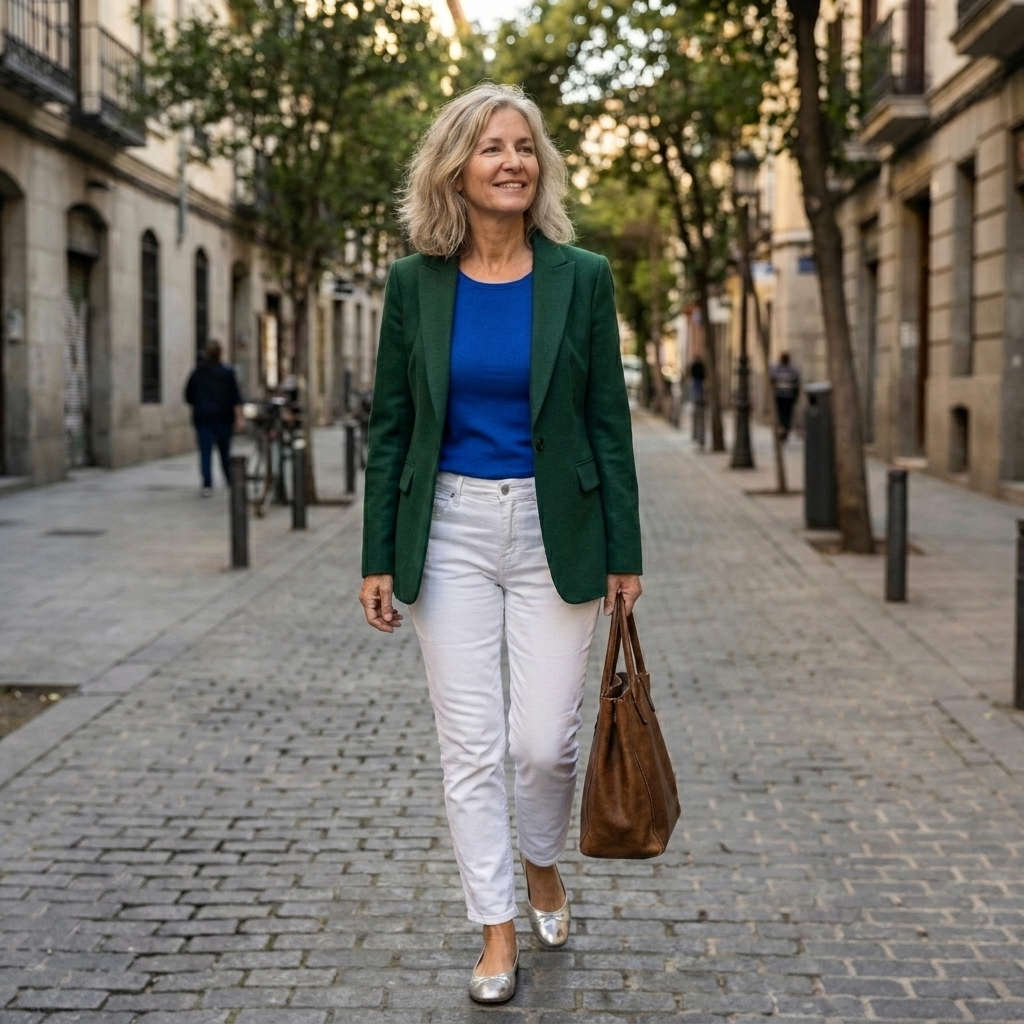 Woman in cobolt blue top and white pants walking.