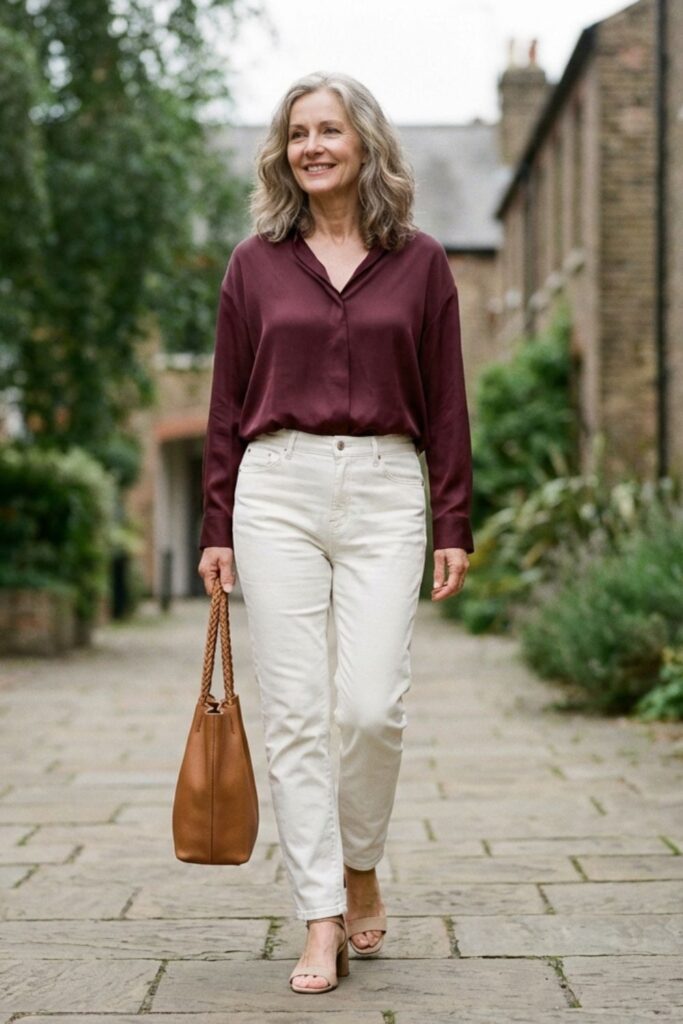 Elegant mature woman in burgundy blouse and white pants with handbag