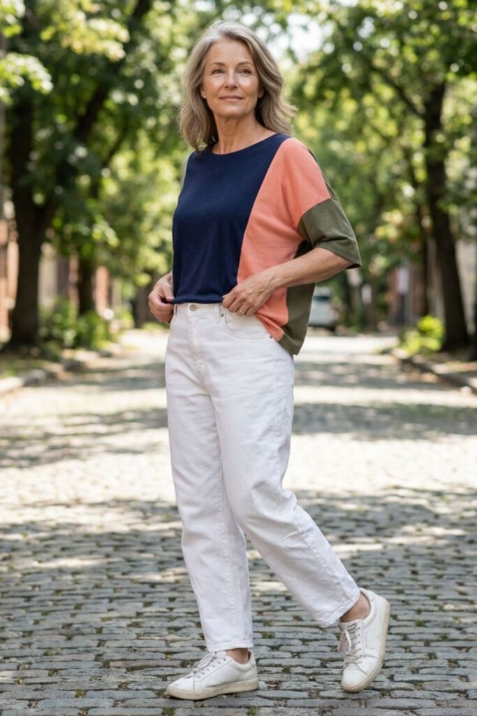Mature woman in color block top and white jeans casual modern outfit