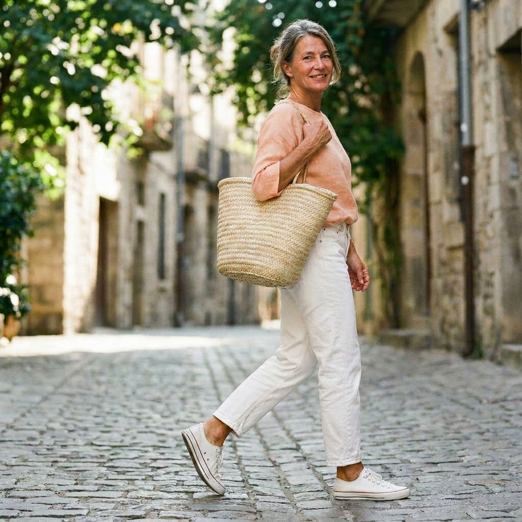 Woman over 50 in soft peach top and white jeans with woven bag casual summer outfit.