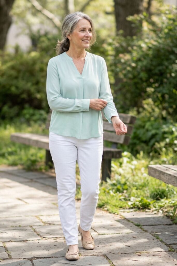 Woman over 50 in mint green blouse and white jeans with beige flats spring outfit.
