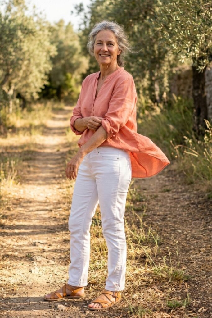 Woman over 50 in coral blouse and white pants enjoying a sunny outdoor walk