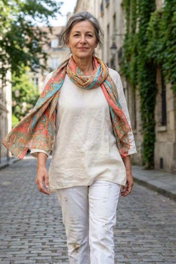 Woman over 50 in white outfit with patterned scarf walking on cobblestone street