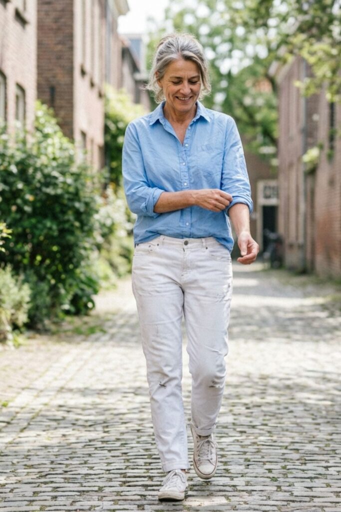 Mature woman in blue shirt and white jeans walking on a cobblestone street