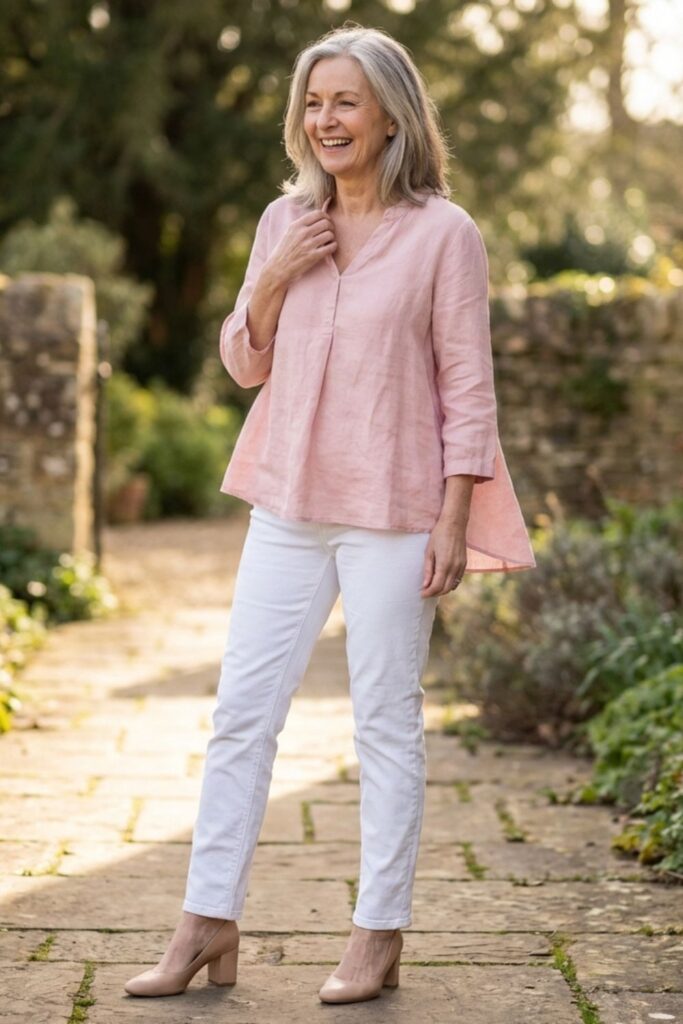 Elegant woman over 50 in pink blouse and white pants outdoor outfit