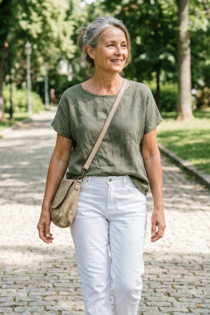 Casual mature woman in green shirt and white jeans walking in a park