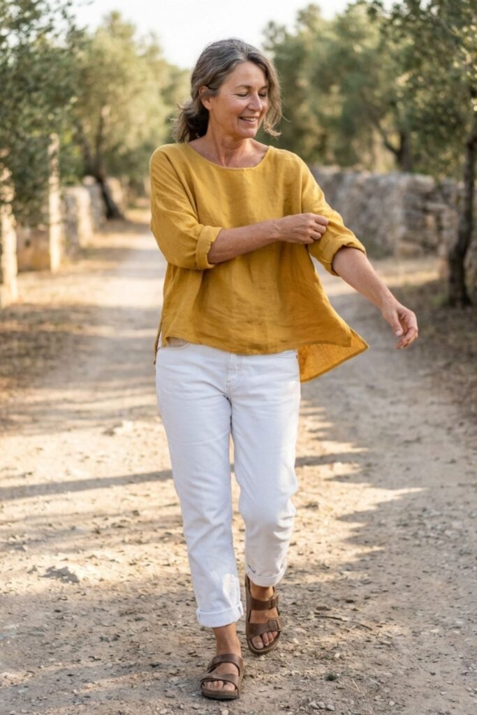 Woman over 50 in mustard top and white pants walking on a sunny path