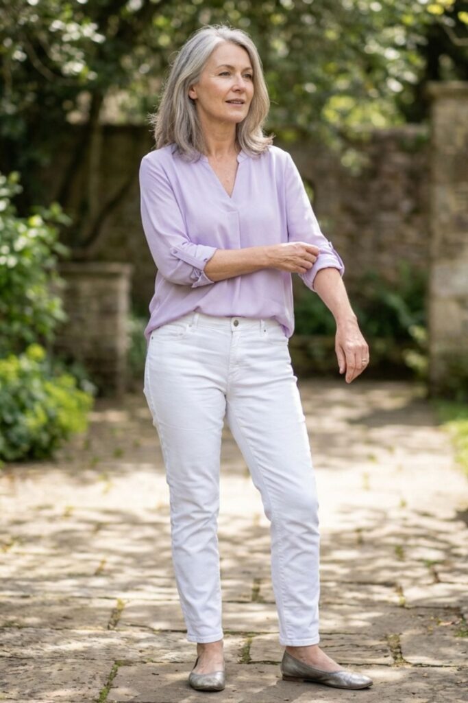 Woman over 50 in lavender blouse and white jeans casual outdoor look