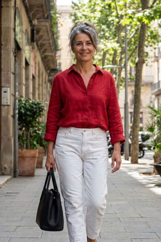 Confident mature woman in red blouse and white pants city street outfit
