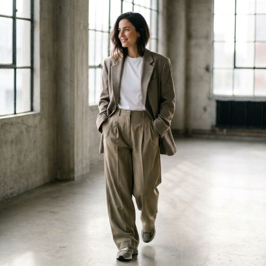 Woman in relaxed beige suit walking inside industrial space with large windows.