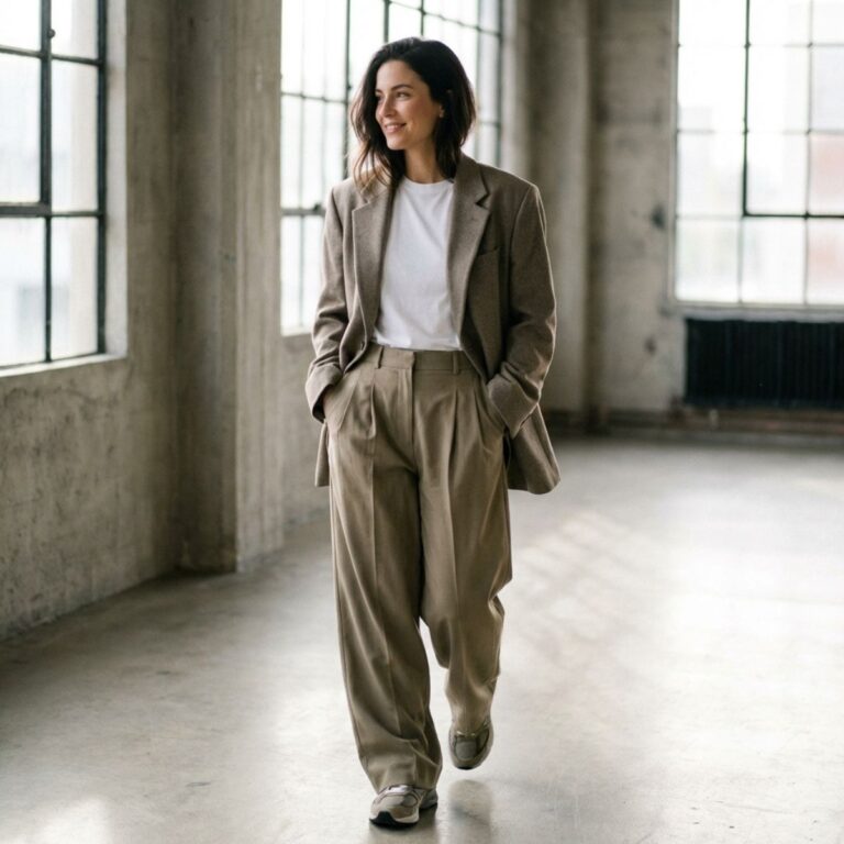 Woman in relaxed beige suit walking inside industrial space with large windows.