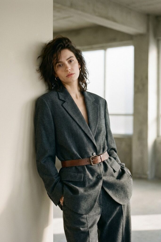 Woman in belted gray oversized suit leaning against wall indoors.