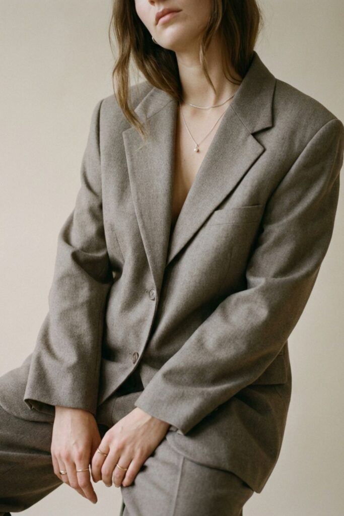 Woman in oversized taupe suit sitting against neutral background