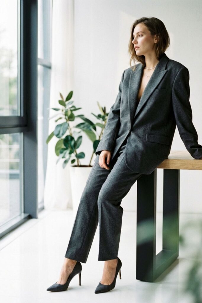 Woman in tailored gray suit sitting by window on table in heels.