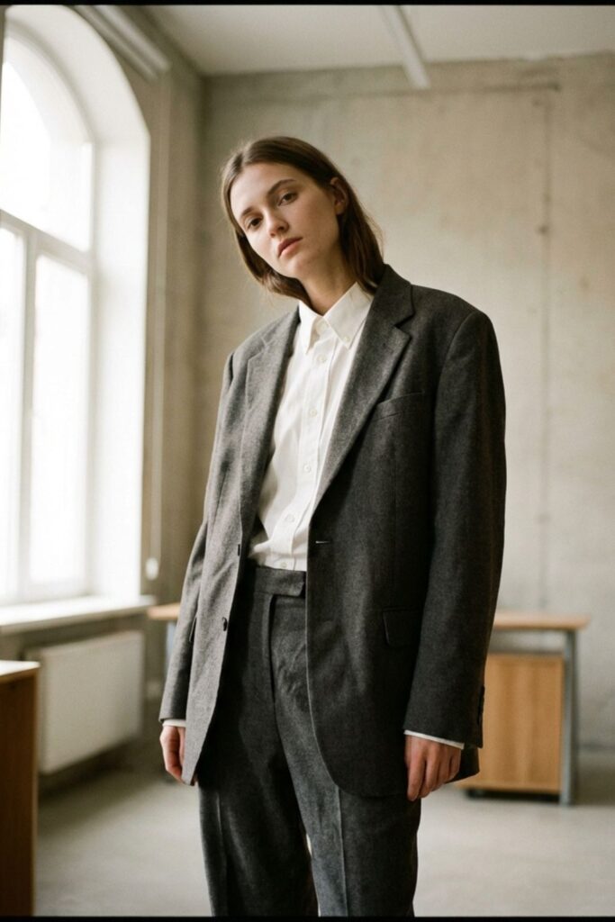 Woman in oversized gray suit with white shirt standing in modern room.