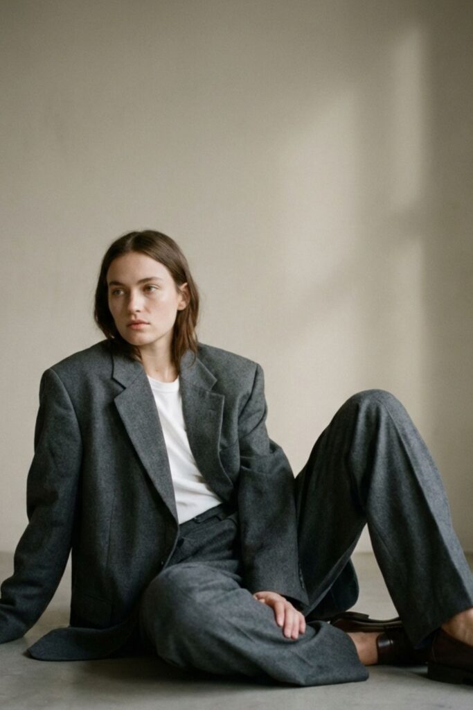 Woman in gray oversized suit sitting on floor in minimalist studio.
