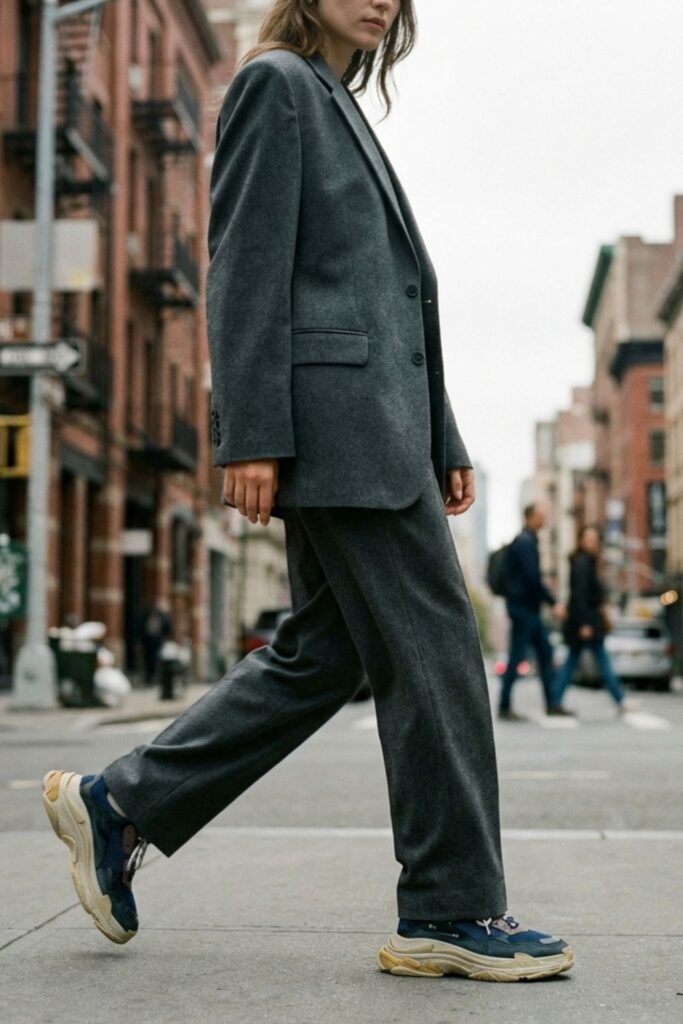 Woman in oversized gray suit walking across city street in sneakers.