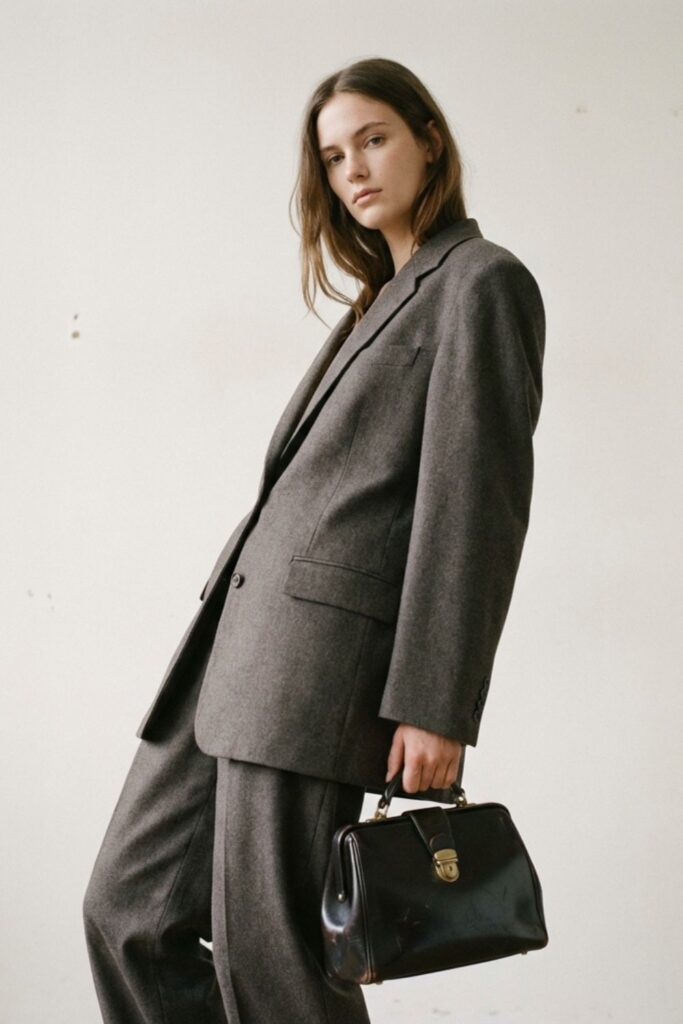 Woman in oversized gray suit holding black handbag against neutral wall.