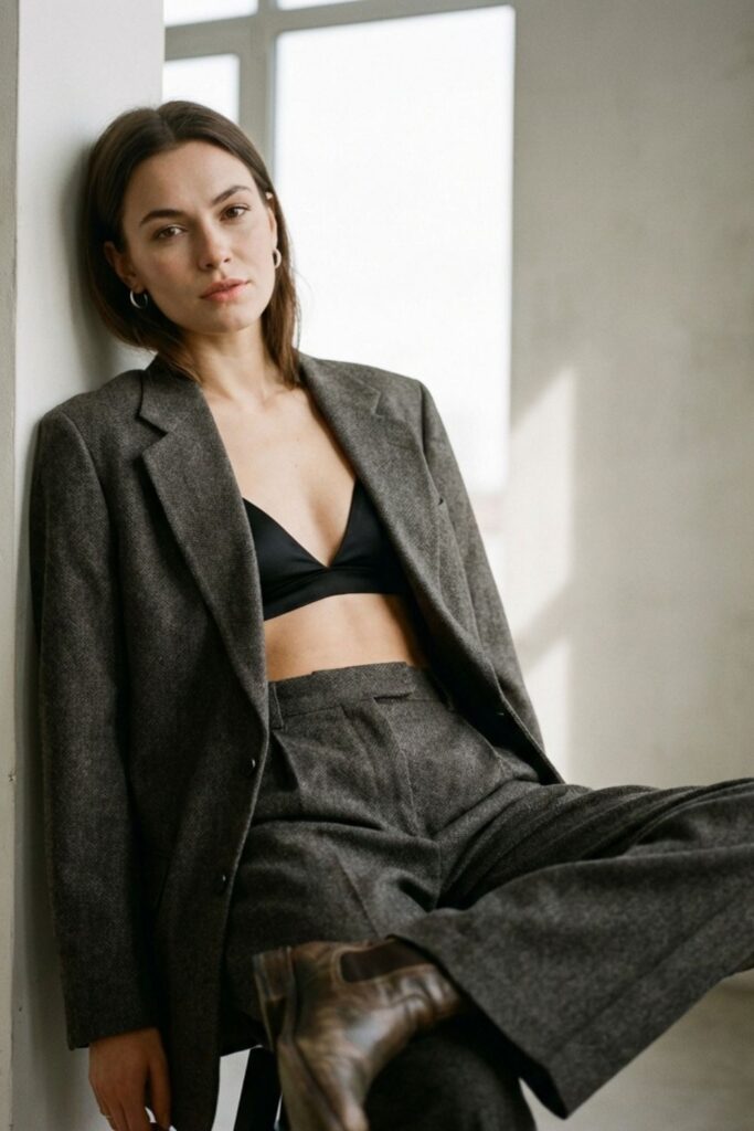Woman in oversized gray suit with black bralette leaning by wall.