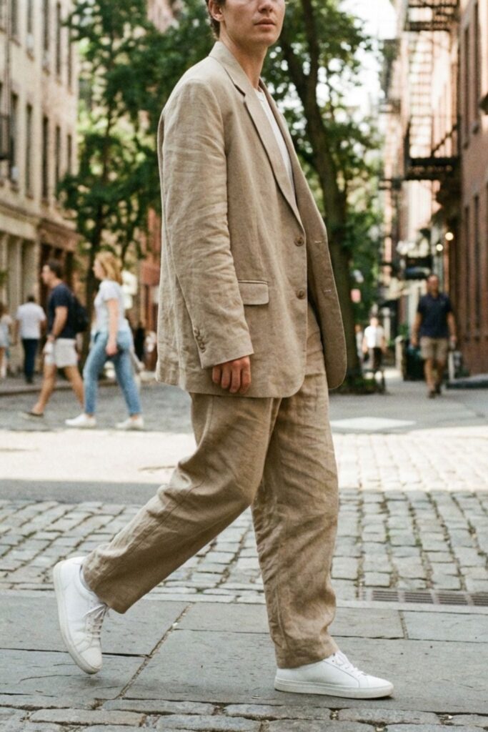 Person in beige oversized suit walking on cobblestone street with white sneakers.