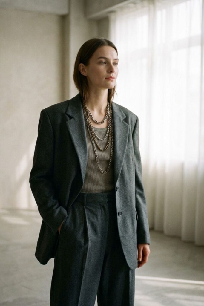 Woman in gray baggy suit with layered necklaces standing in soft light