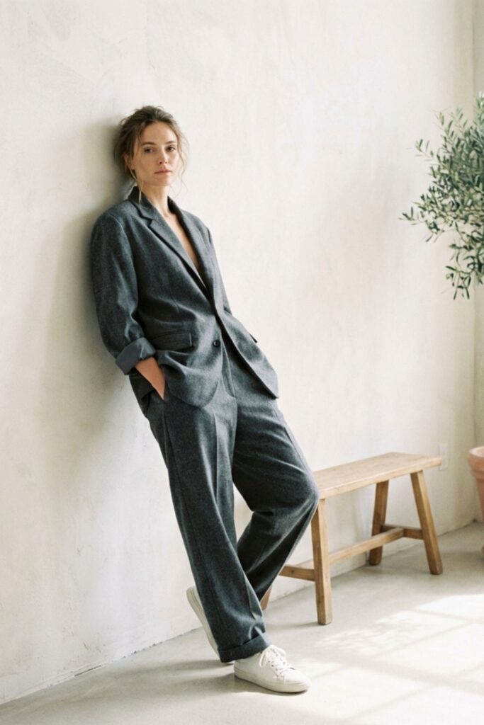 Woman in oversized gray suit leaning against wall near bench and plant