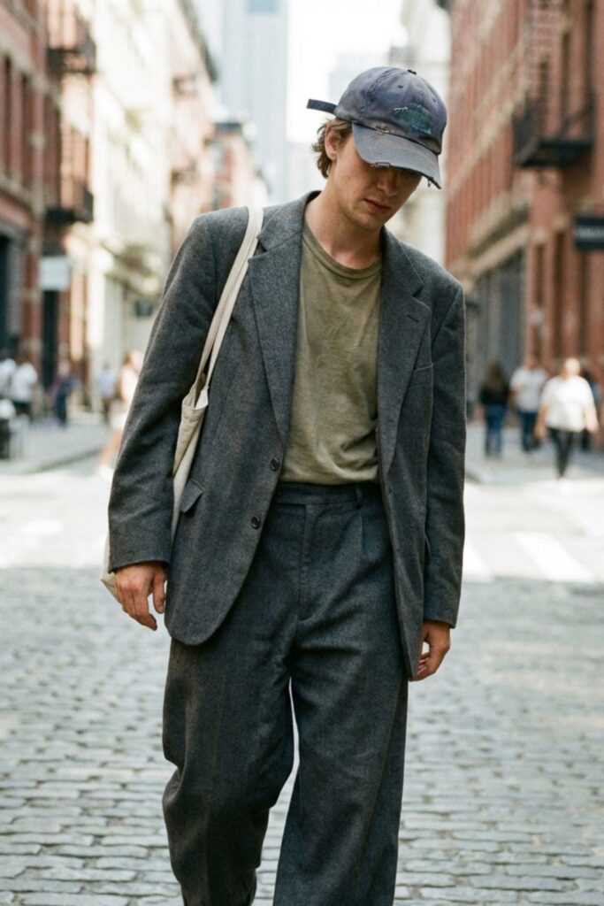 Man in gray oversized suit and cap walking on cobblestone city street.