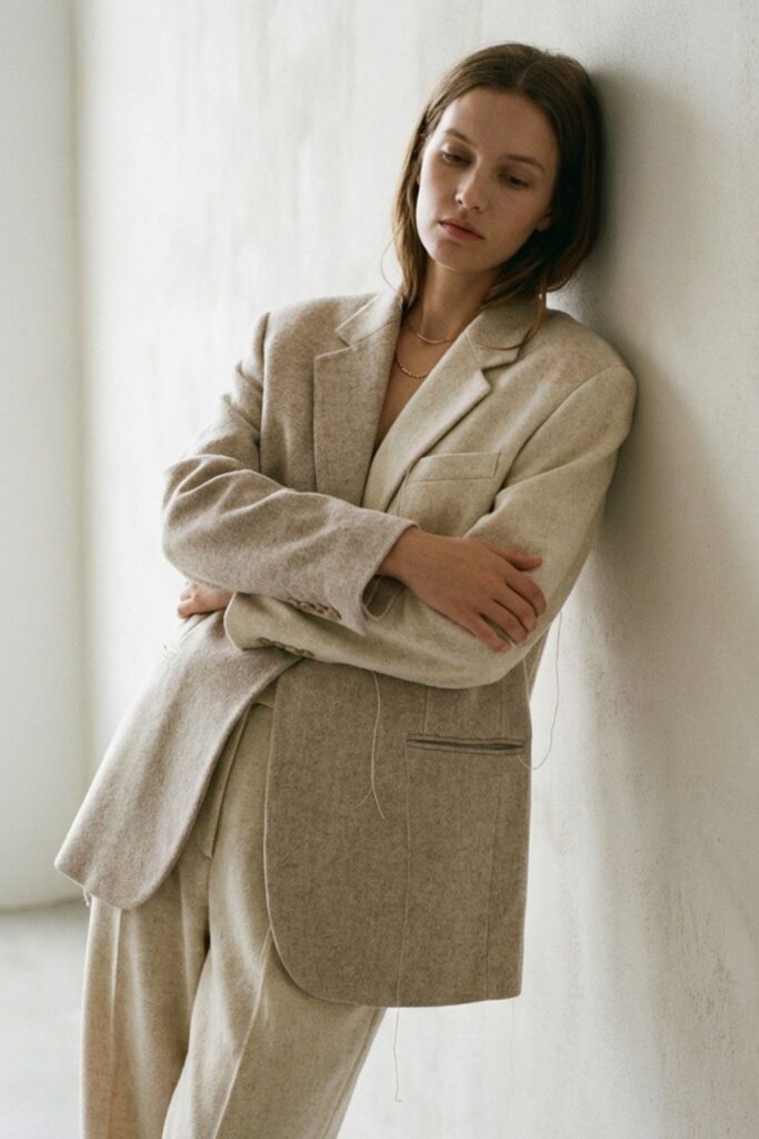 Woman in beige oversized suit leaning against wall with arms crossed