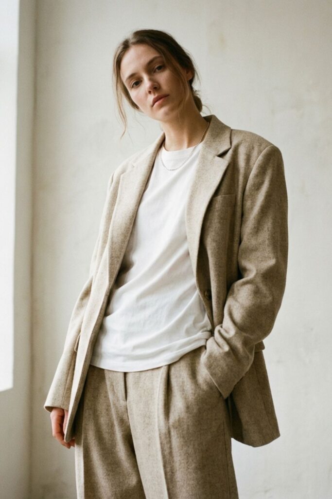 Woman in neutral baggy suit with white tee posing indoors by window