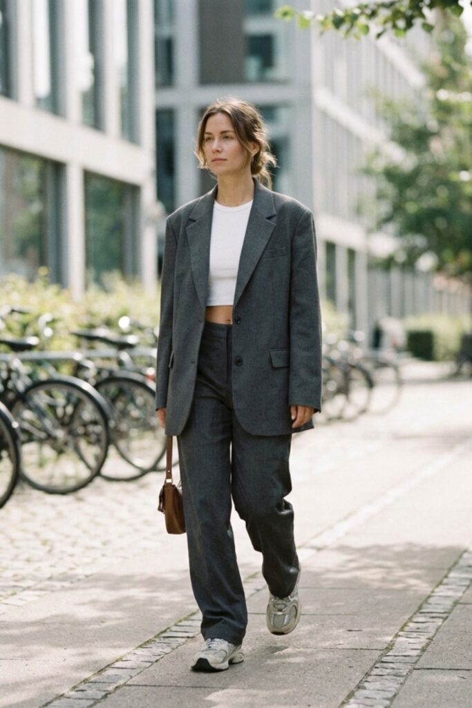 Woman in oversized gray suit and sneakers walking on sidewalk with bikes.