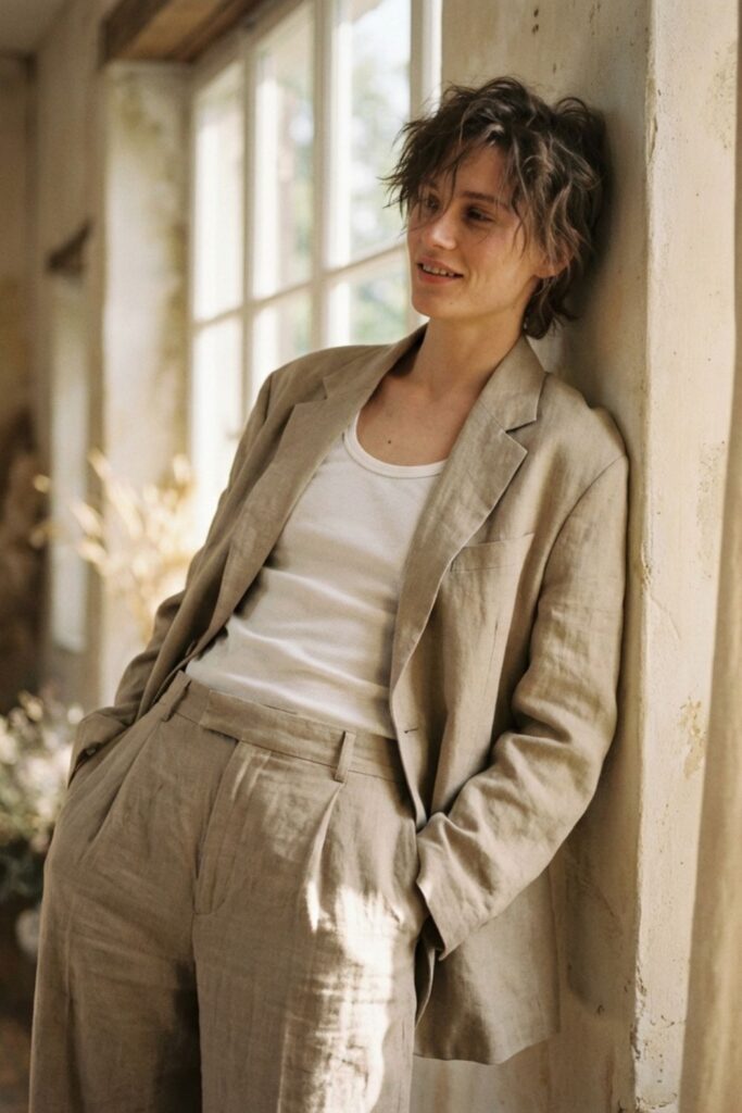 Woman in beige baggy suit leaning against wall in soft natural light.