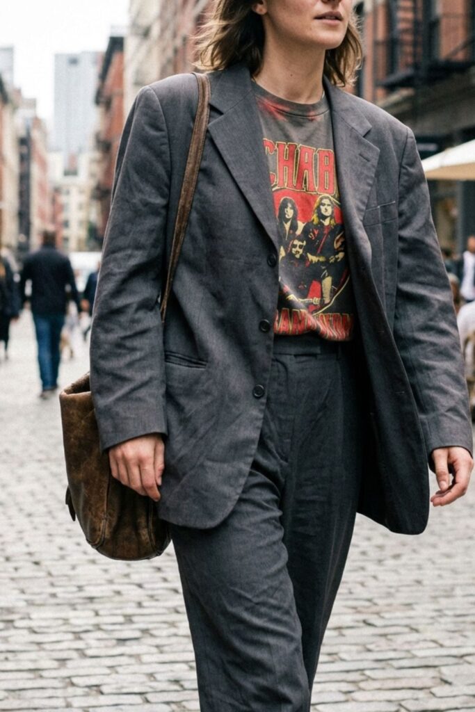 Woman in oversized gray suit with graphic tee walking on city street.