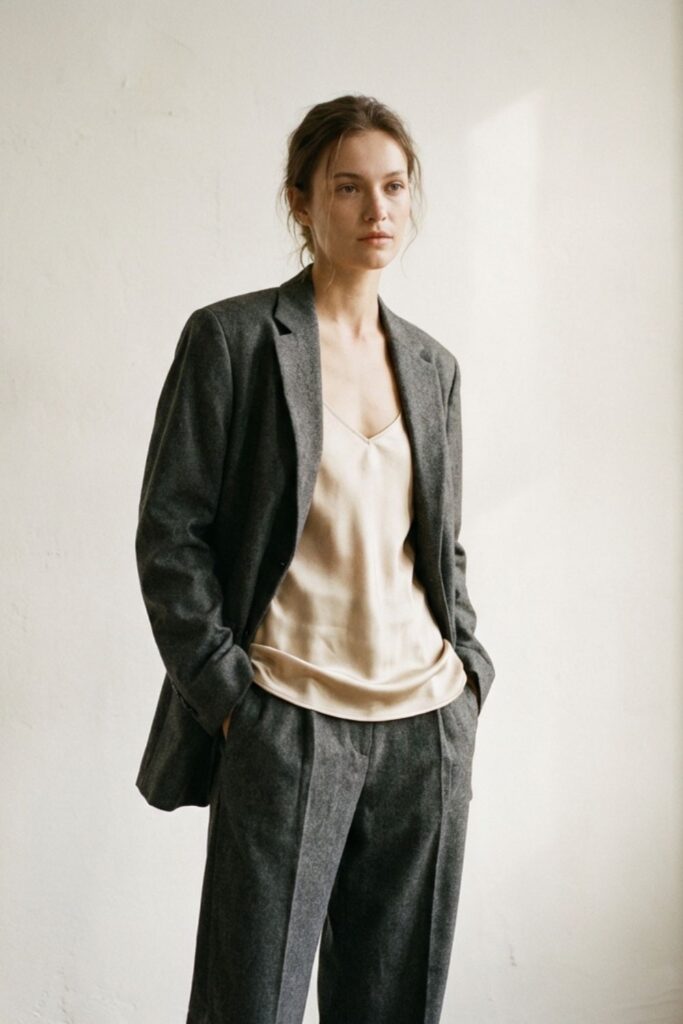 "Woman in gray relaxed suit with satin top standing indoors.
