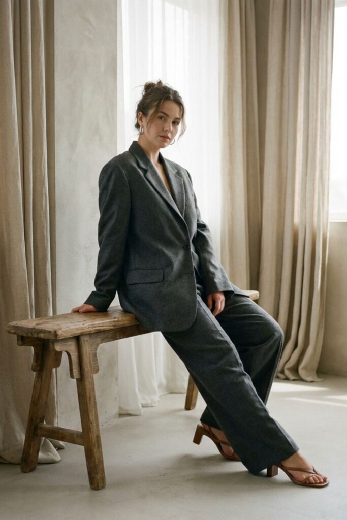 Woman in dark oversized suit sitting on bench near window.