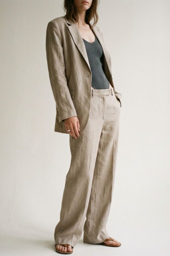Woman in beige baggy suit with tank top standing in studio