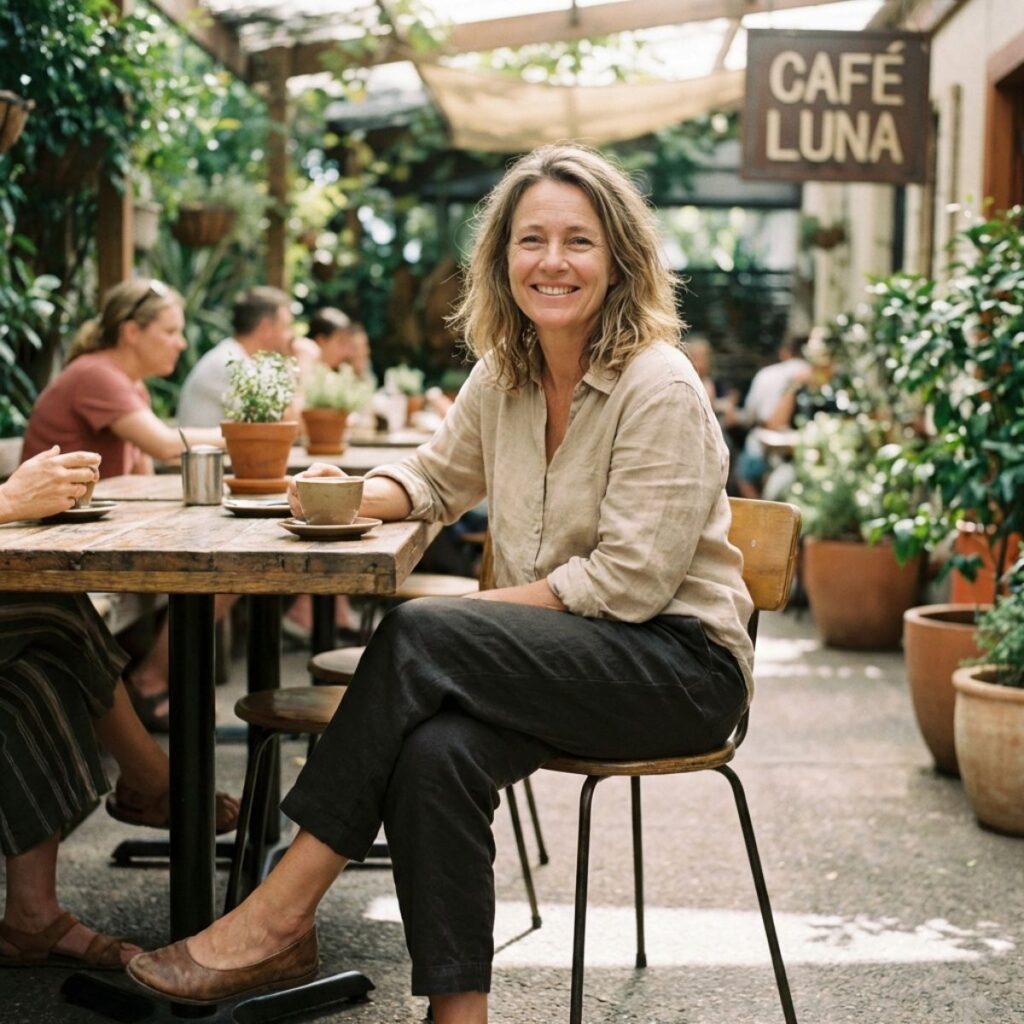 Woman in neutral outfit seated at outdoor café smiling with coffee