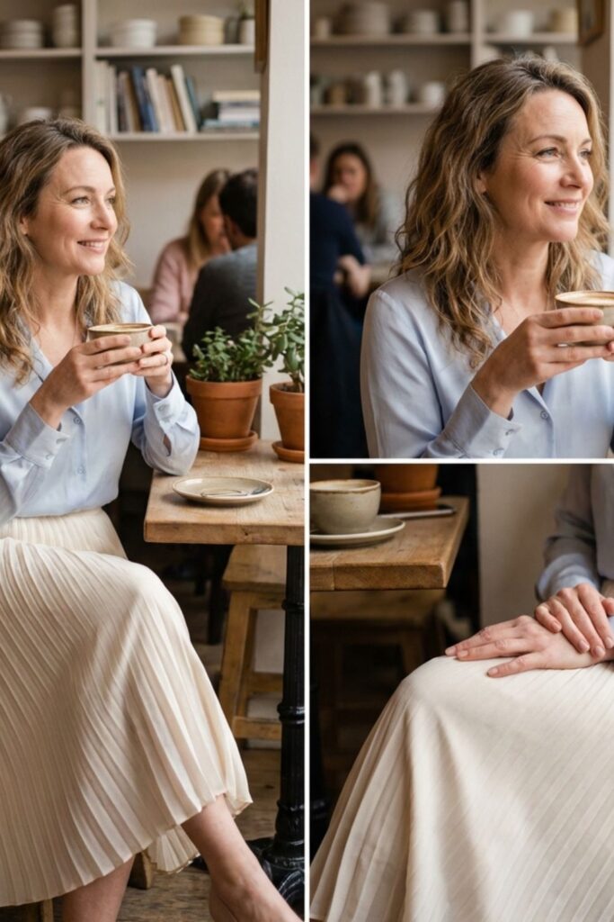 Woman in blouse and pleated skirt holding coffee in café.