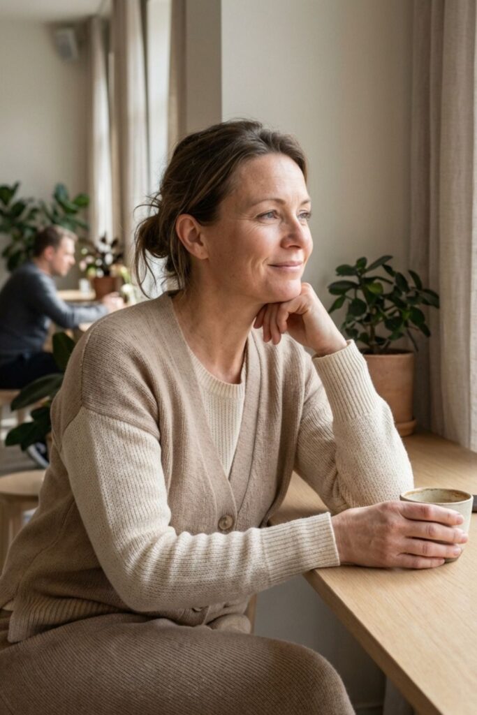 Woman in knit cardigan holding coffee by window, looking outside