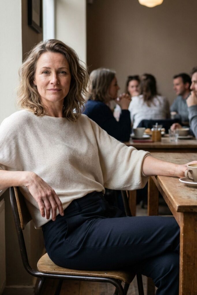 Woman in cream sweater sitting with coffee at café table