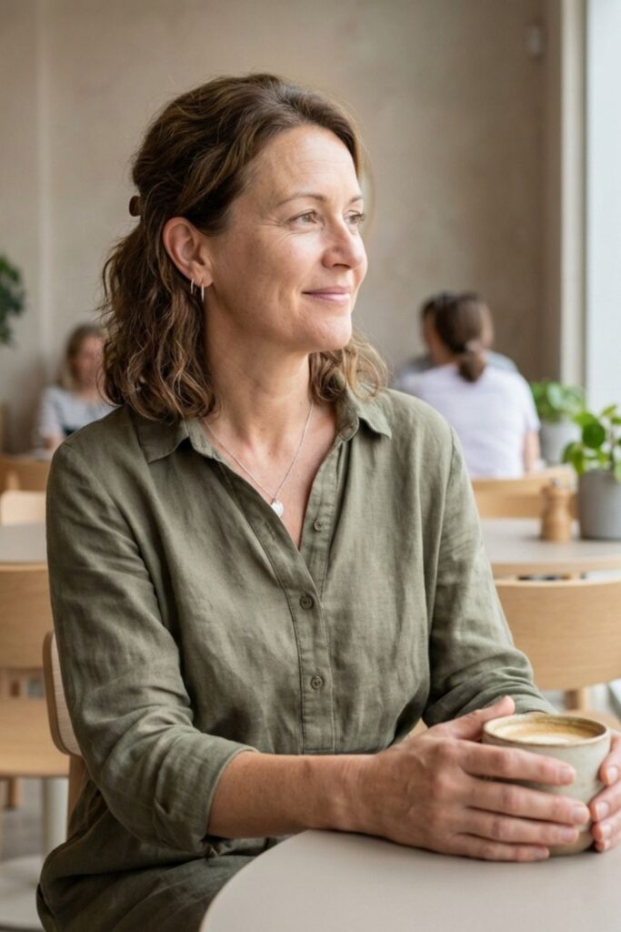 Woman in green shirt holding coffee and looking out window.