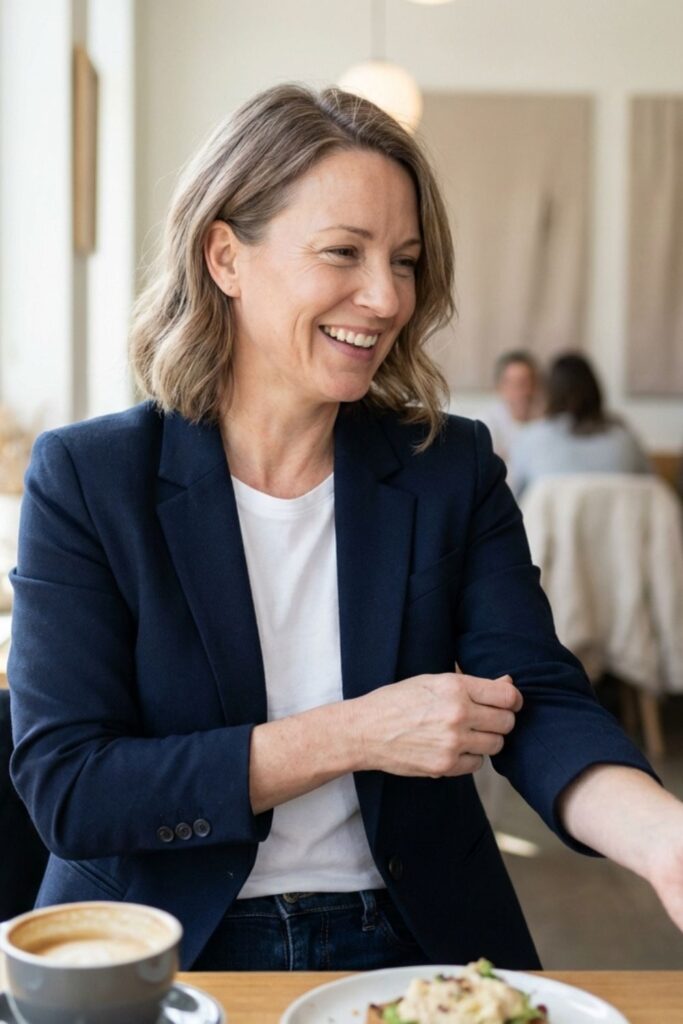 Woman in navy blazer adjusting sleeve at café with coffee