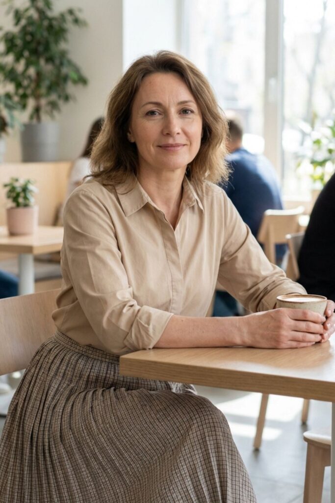 Woman in beige blouse and skirt holding coffee at café table