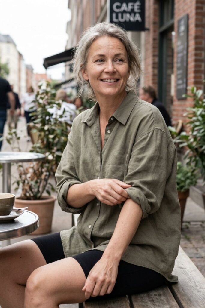 Woman in green shirt sitting outdoors at café table with coffee