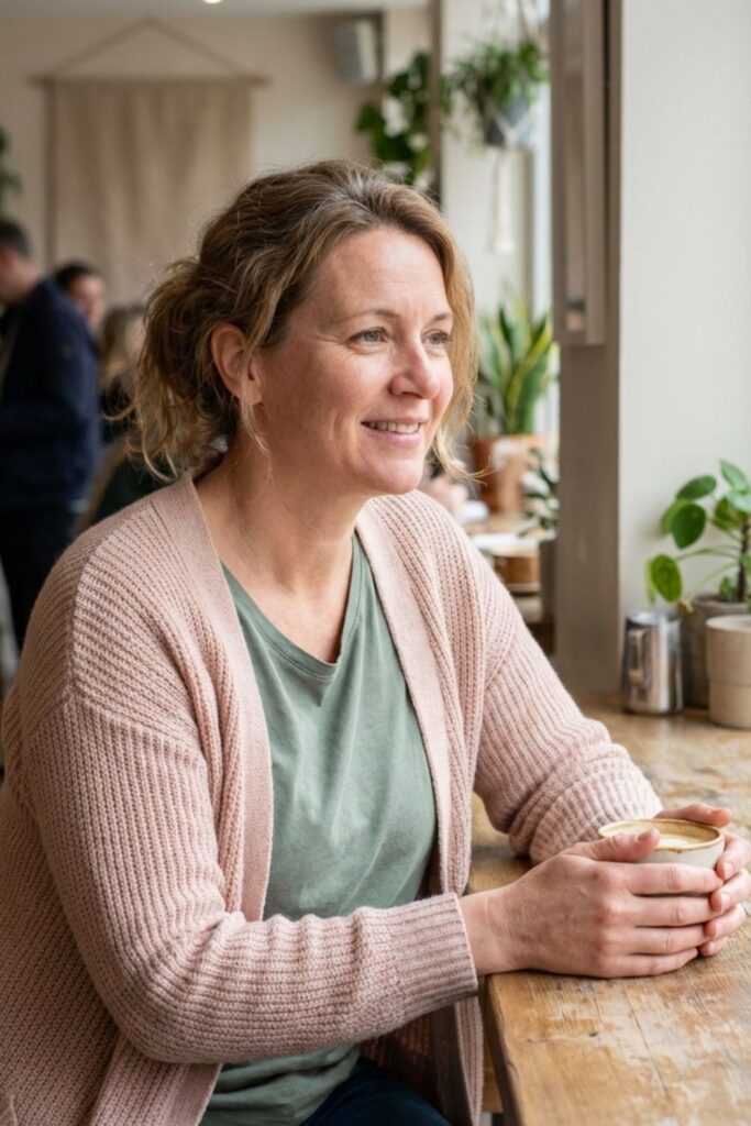 Woman in cardigan holding coffee and looking out window at café.