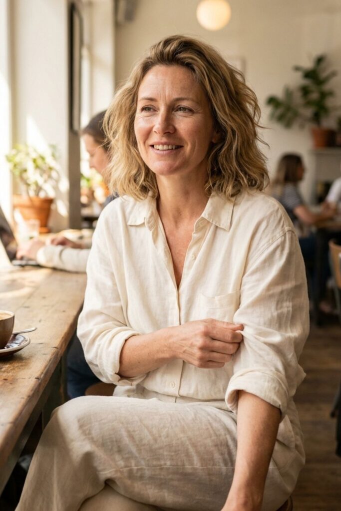 Woman in cream linen outfit adjusting sleeve at café counter