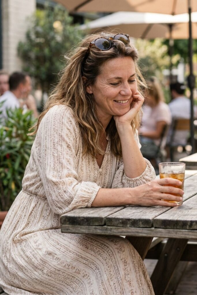 Woman in light patterned dress holding drink at outdoor café table